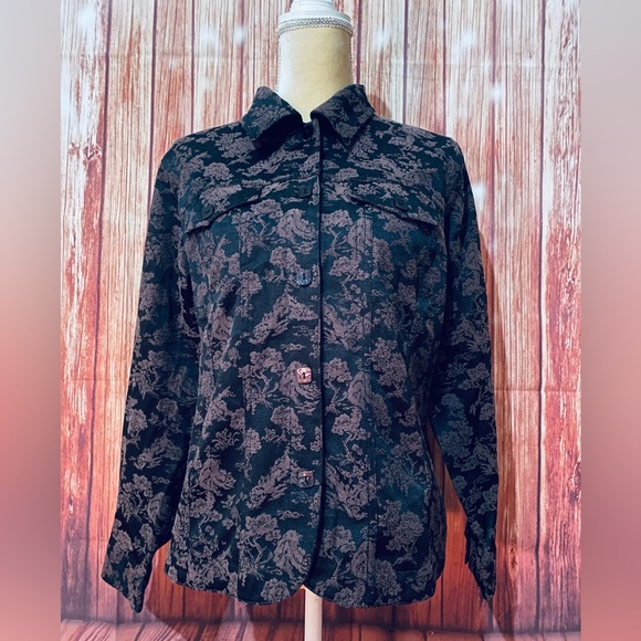 Women’s Medium Jacket Susan Graver ‘Shacket’ Shirt Jacket Brown Black Floral - Picture 1 of 9